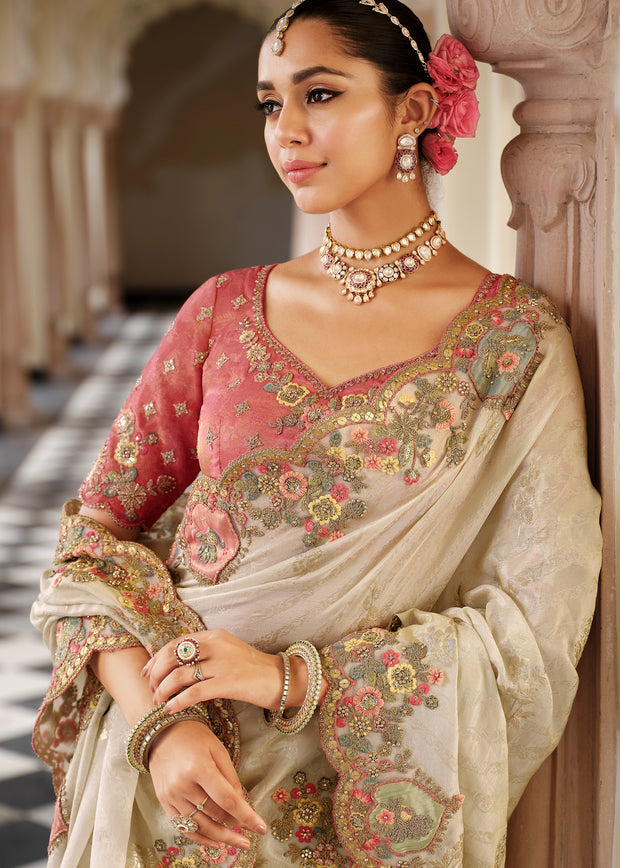 Pearl White Designer Embroidered Silk Saree