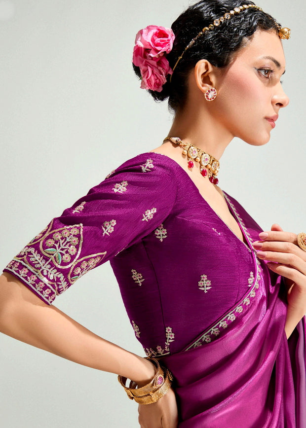 Dahlia Purple Ombre Designer Tissue Saree With Embroidered Blouse