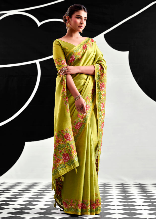 Lime Green Woven Tissue Silk Saree