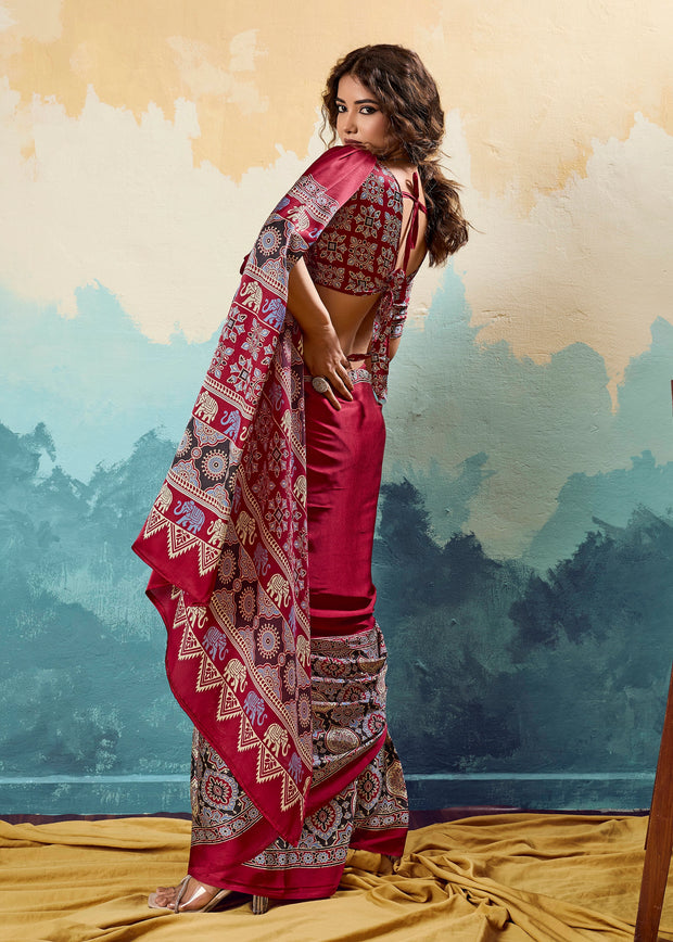 Maroon Printed Satin Silk Saree