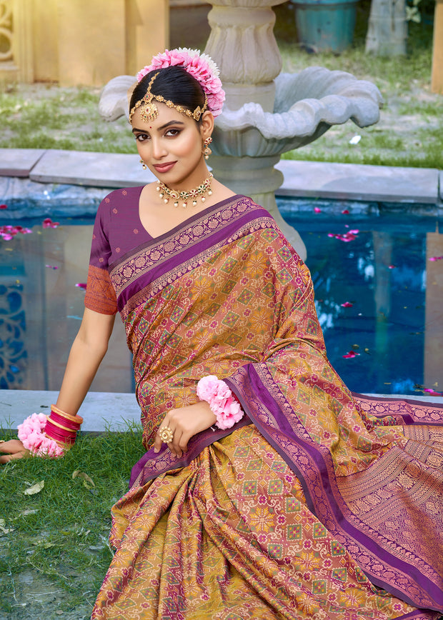 Brown And Purple Woven Banarasi Silk Saree