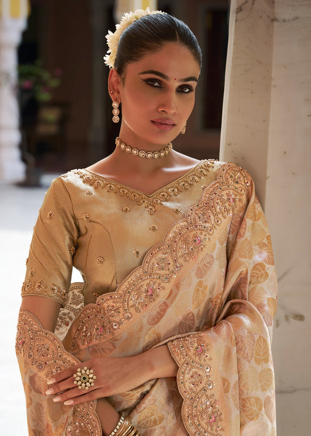 Champagne Beige Bead Work Kanjivaram Soft Silk Saree