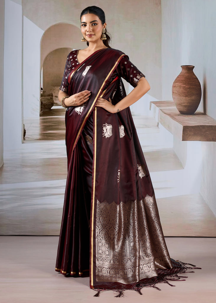 Chocolate Brown Banarasi Satin Silk Saree