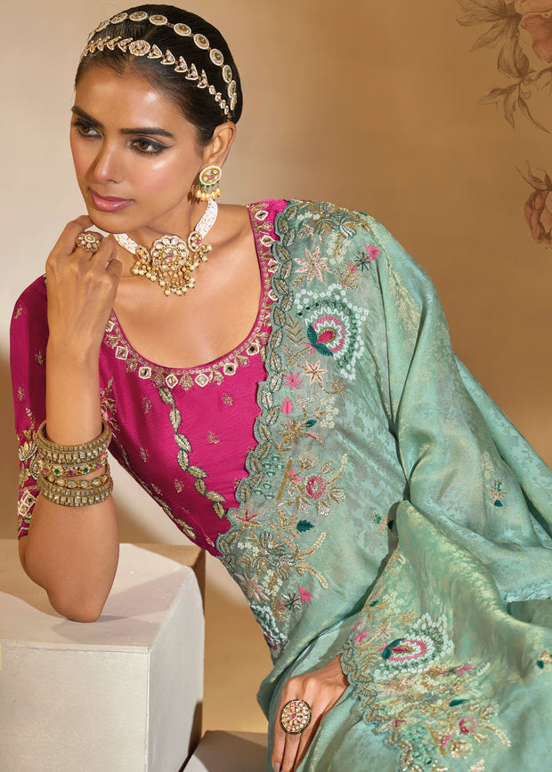 Mint Green Embroidered Kanjivaram Silk Saree