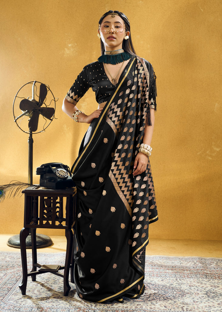 Black Woven Banarasi Satin Silk Saree