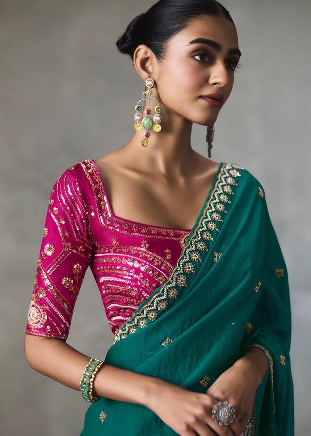 Teal Green Embroidered Silk Saree With Heavy Blouse