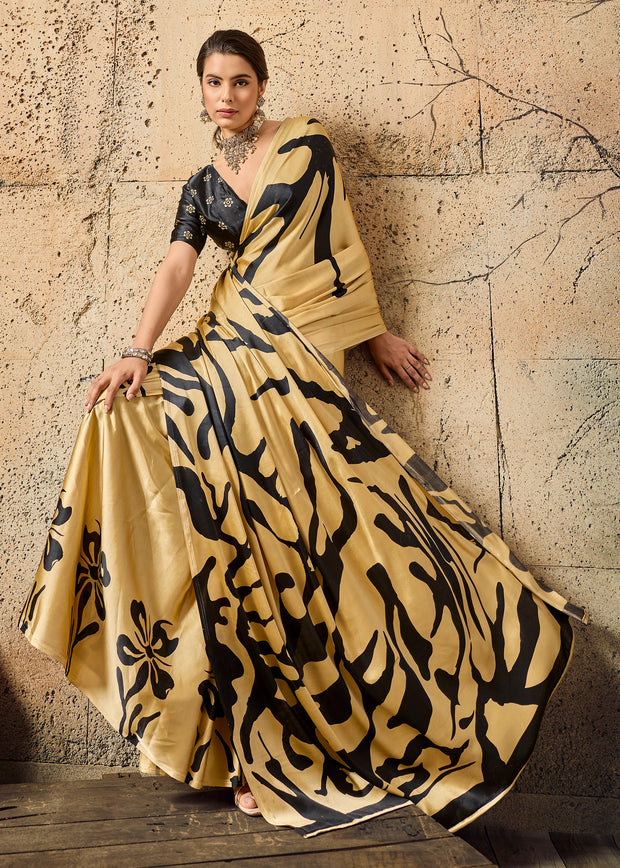 Classic Cream Printed Satin Silk Saree