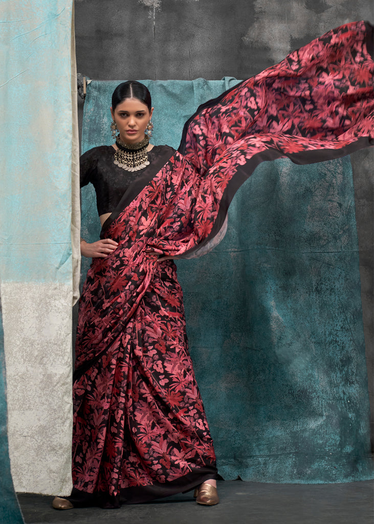 Persian Red And Black Satin Crepe Printed Silk Saree