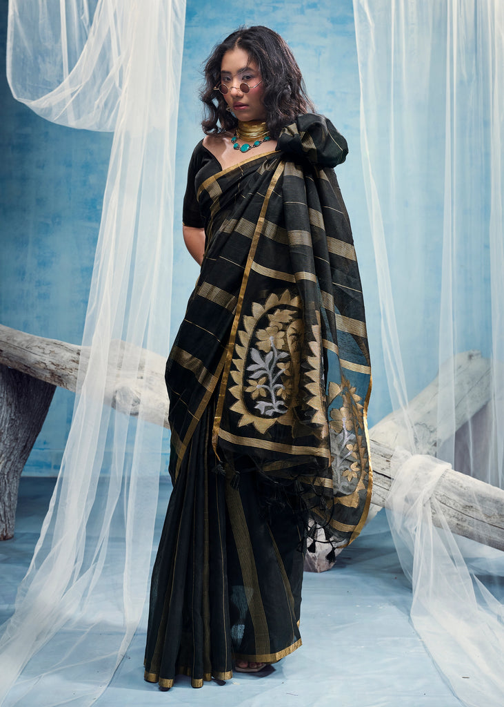 Black Woven Munga Cotton Saree