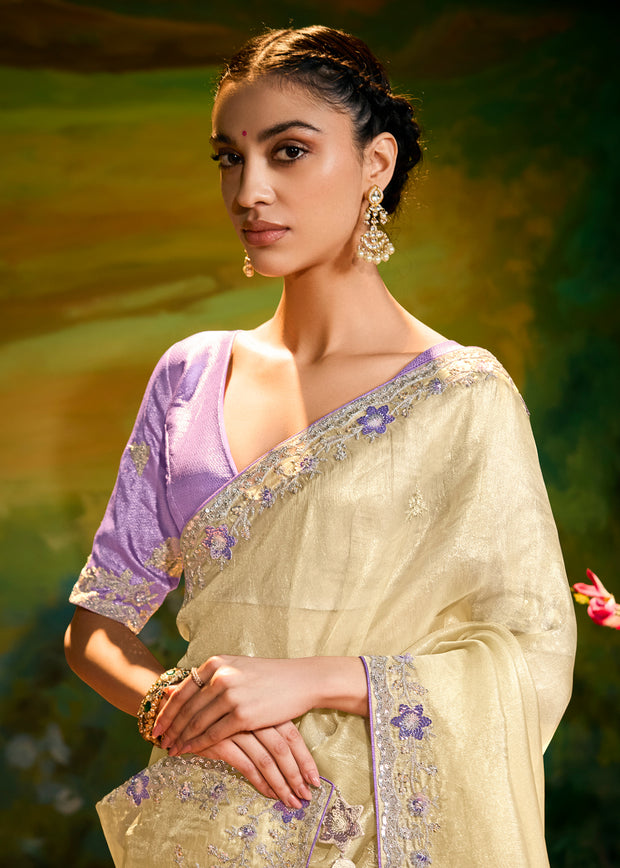 Cream Beige Heavy Embroidered Designer Silk Saree With contrast Blouse