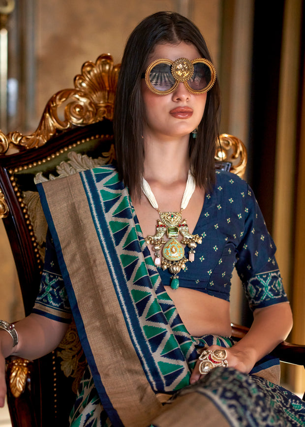 Coral Blue Printed Patola Silk Saree