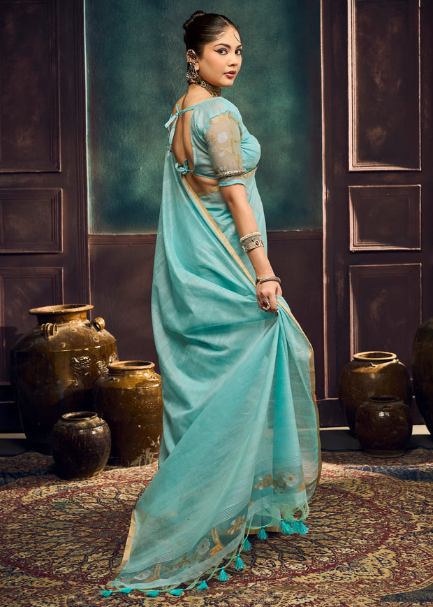 Sky blue Woven Munga Cotton Silk Saree
