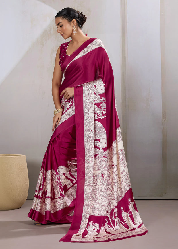 Beet Red Printed Satin Silk Saree