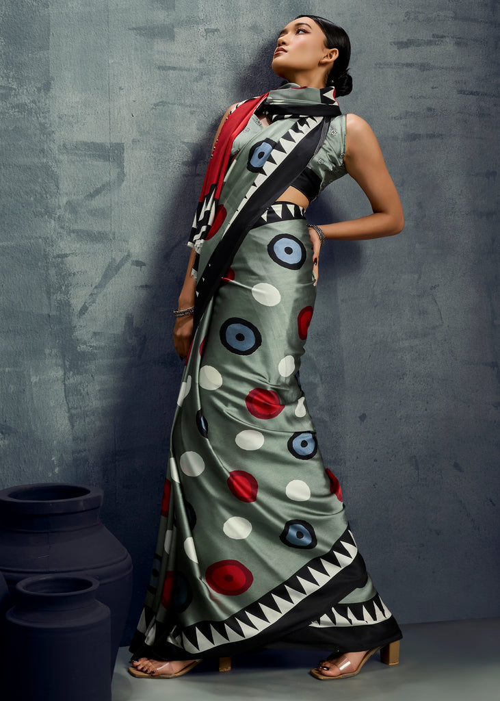Silver Grey Printed Satin Silk Saree
