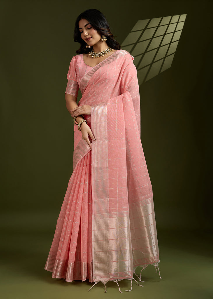 Amber Peach Woven Soft Silk Saree