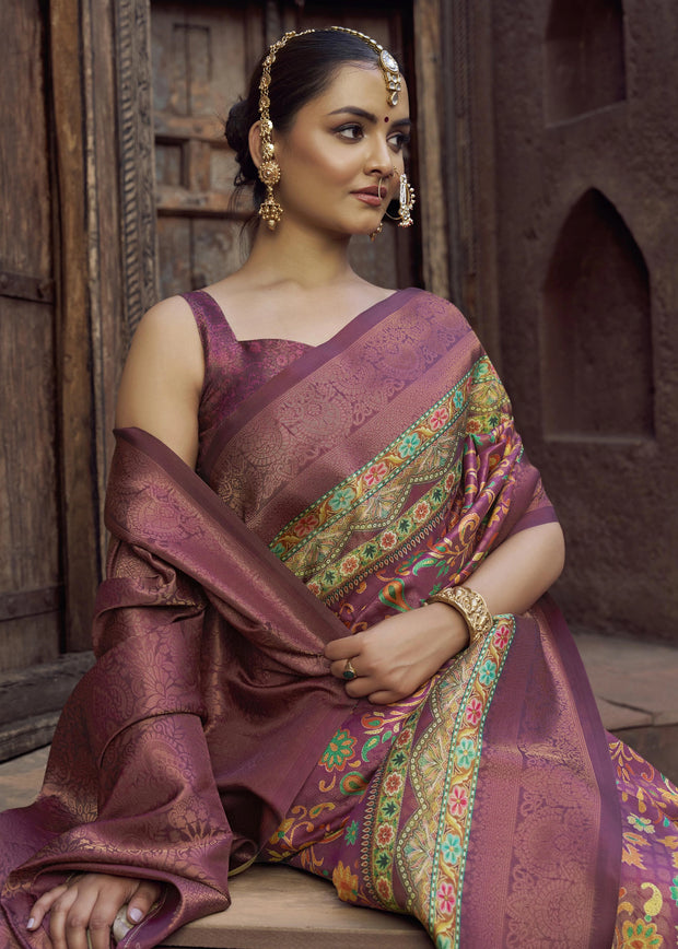 Wine Purple Floral Printed Soft Silk Saree