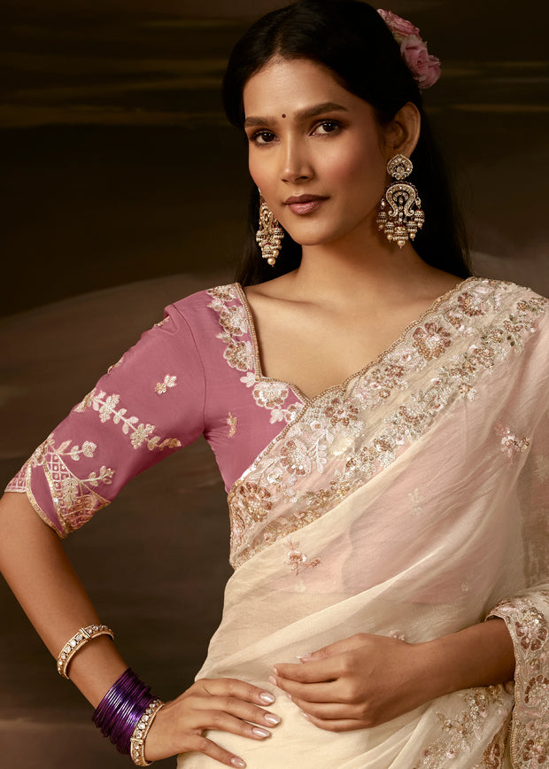 Off White Embroidered Designer Organza Saree