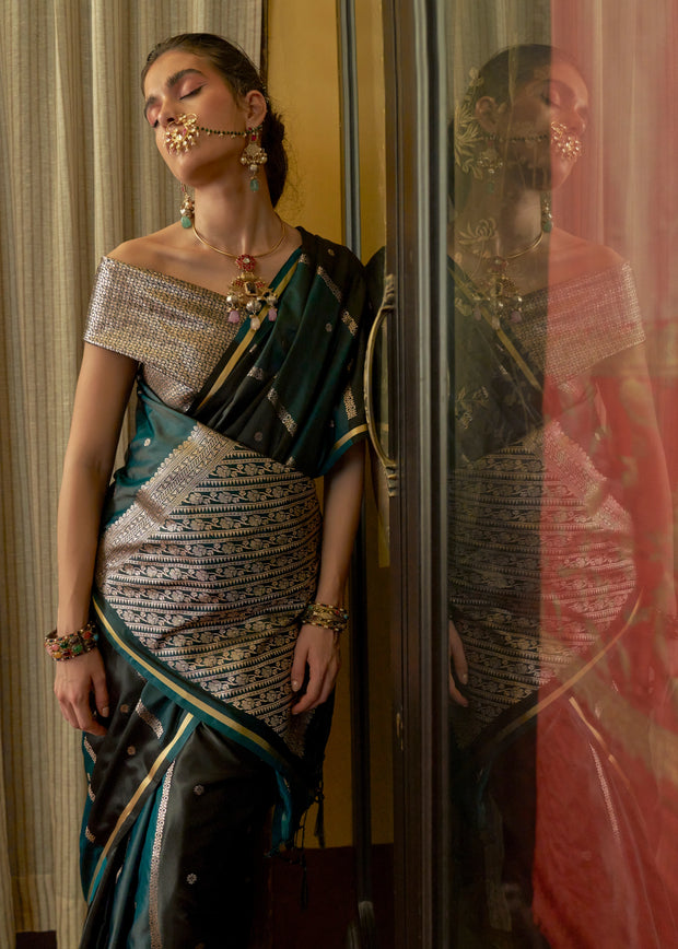 Hunter Green Rangkat Satin Silk Saree