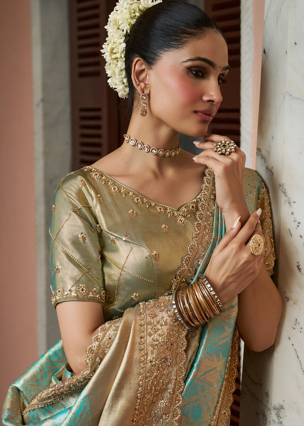 Turquoise Blue Bead Work Kanjivaram Soft Silk Saree