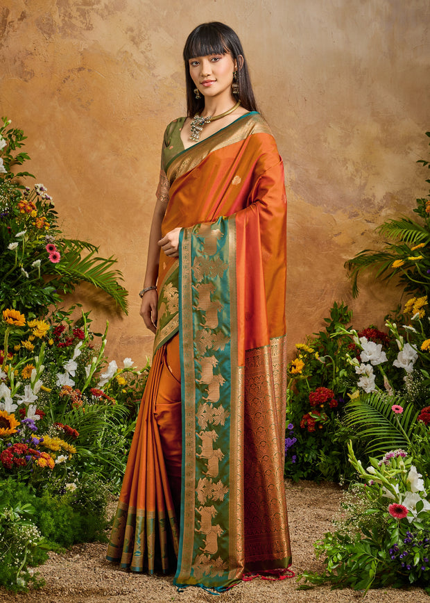 Burnt Orange Woven Banarasi Silk Saree