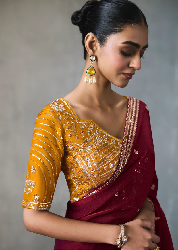 Maroon Embroidered Silk Saree With Heavy Blouse