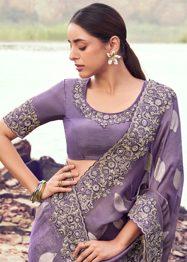 Lilac Purple Woven Embroidered Tissue Silk Saree