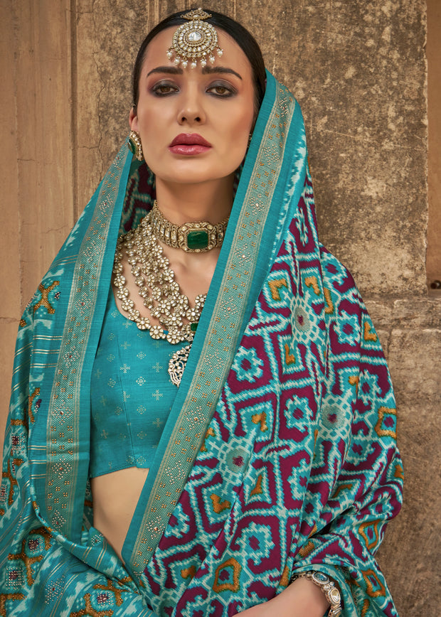 Lake Blue Printed Patola Saree