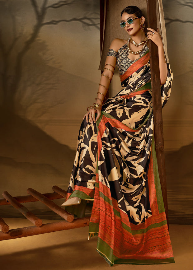 Black Printed Satin Silk Saree