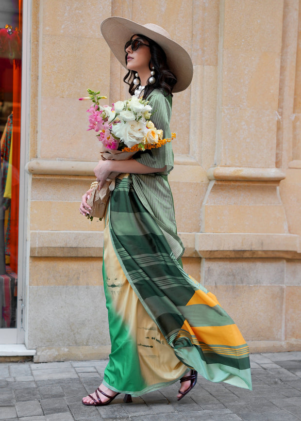 Green And Yellow Digital Printed Soft Silk Saree