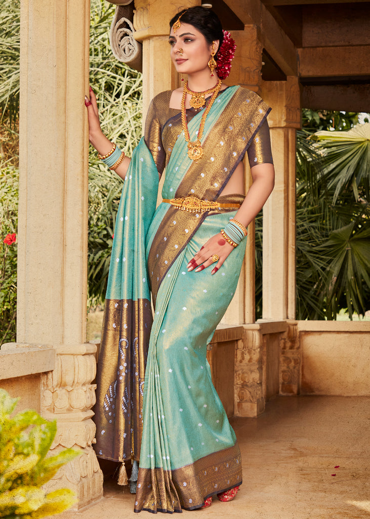 Royal Princess Golden Blue Woven Kanjivaram Saree – Zari Banaras