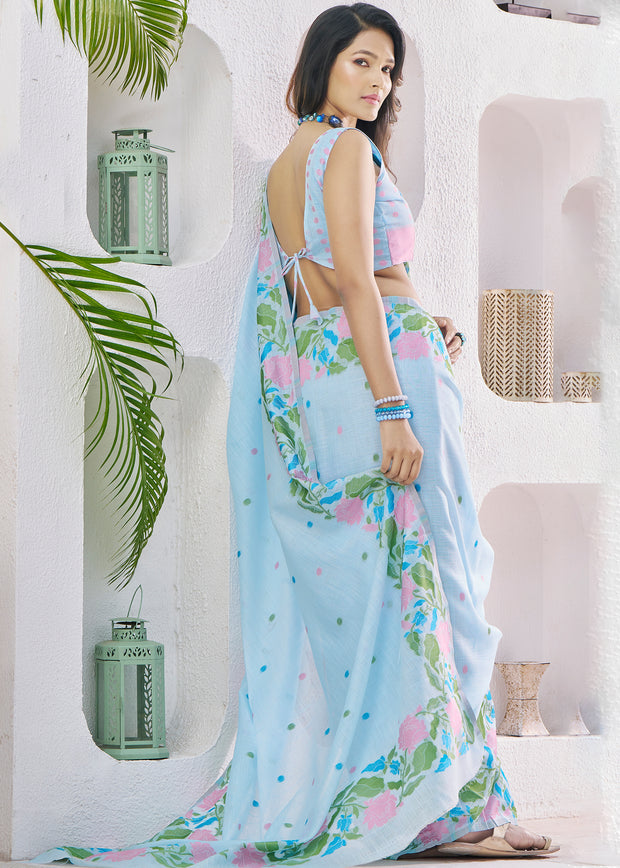 Pastel Blue Woven Linen Silk Saree