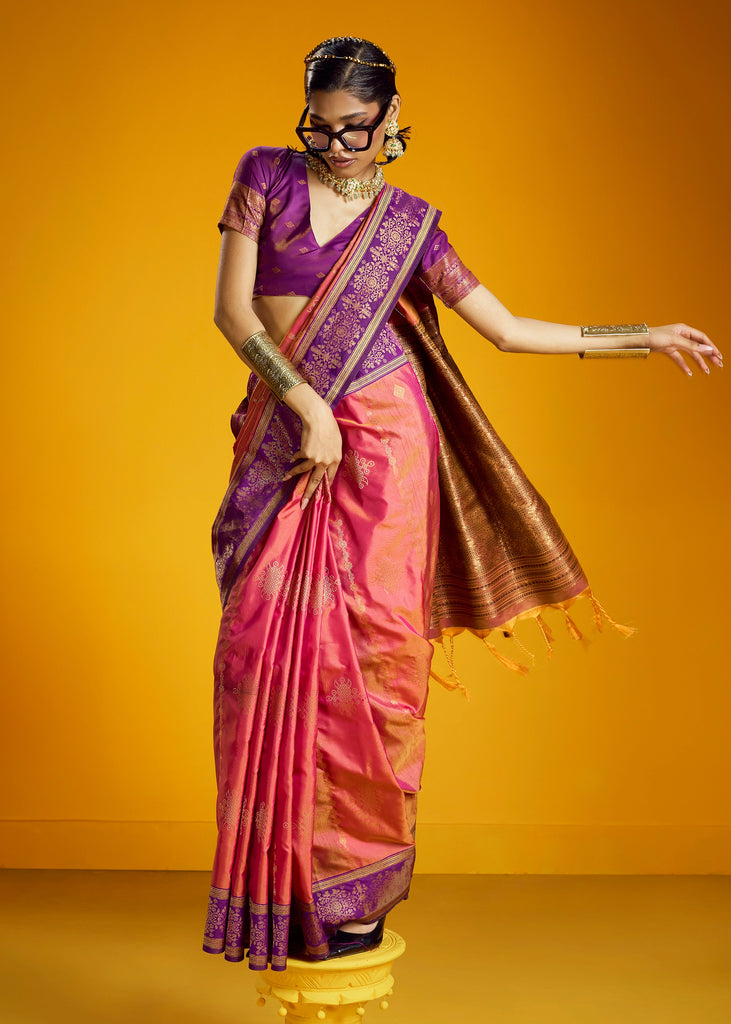 Peach Pink Woven Banarasi Silk Saree