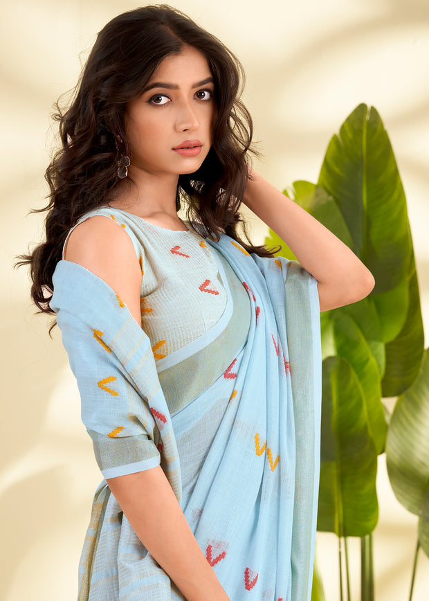 Sky Blue Woven Linen Silk Saree