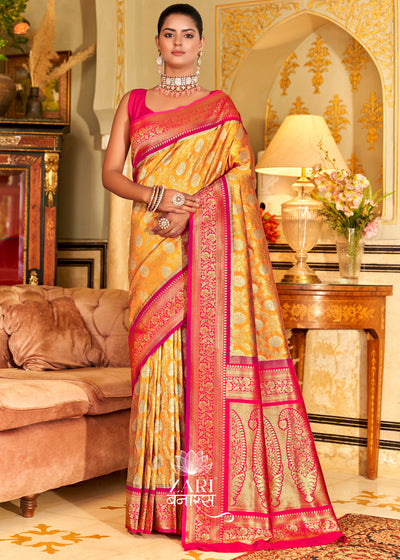Swarna: Banarasi Handloom Zari Jaal Saree in the Shades of Yellow and Pink (7643918893249) (7705939247297)