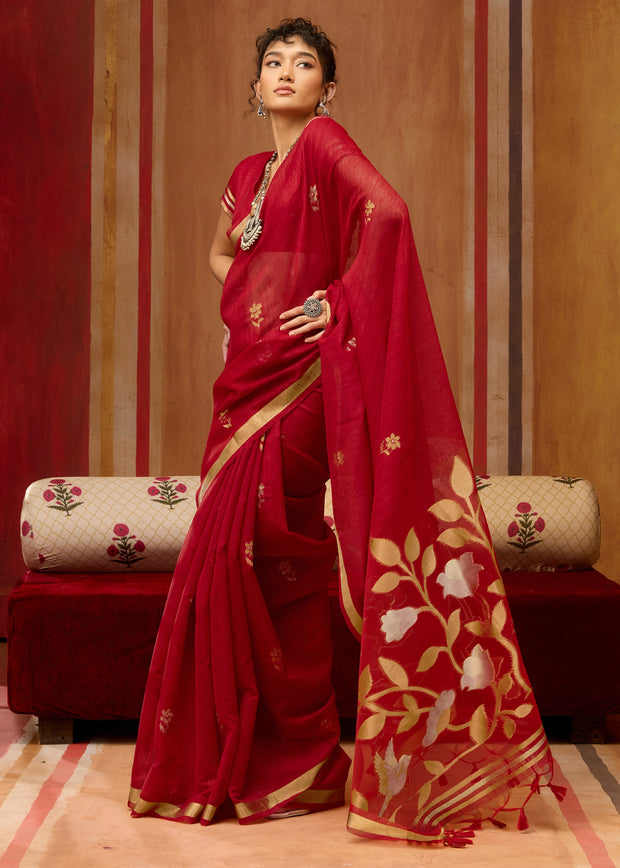 Cherry Red Woven Cotton Silk Saree