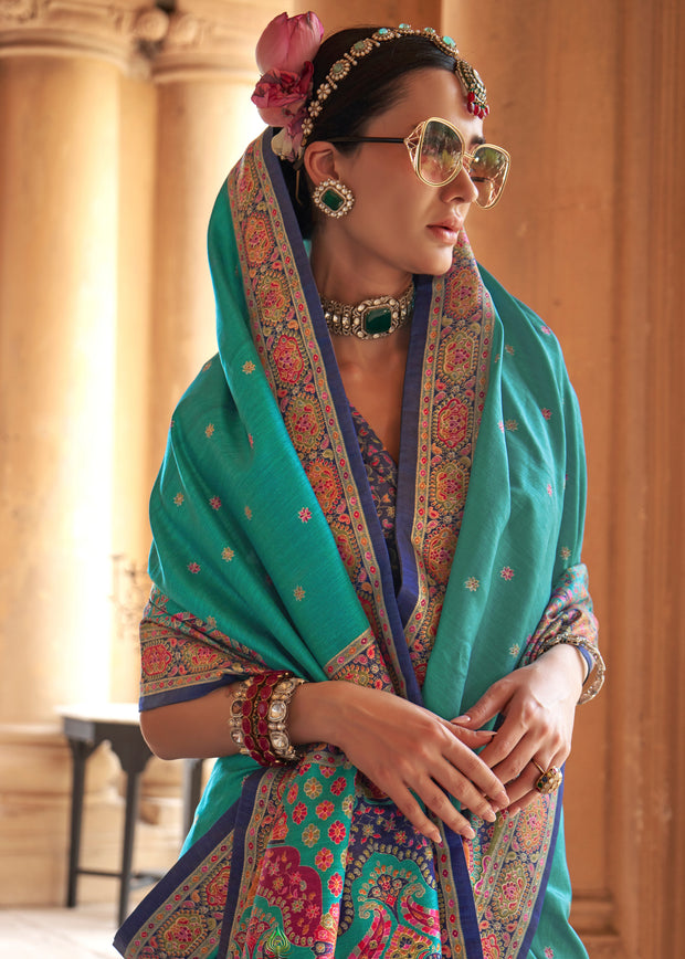 Teal Green Printed Silk Saree With Contrast Blouse
