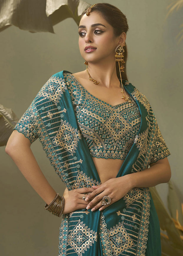 “Exclusive Offer” : Tropical Green Woven Embroidered Silk Saree