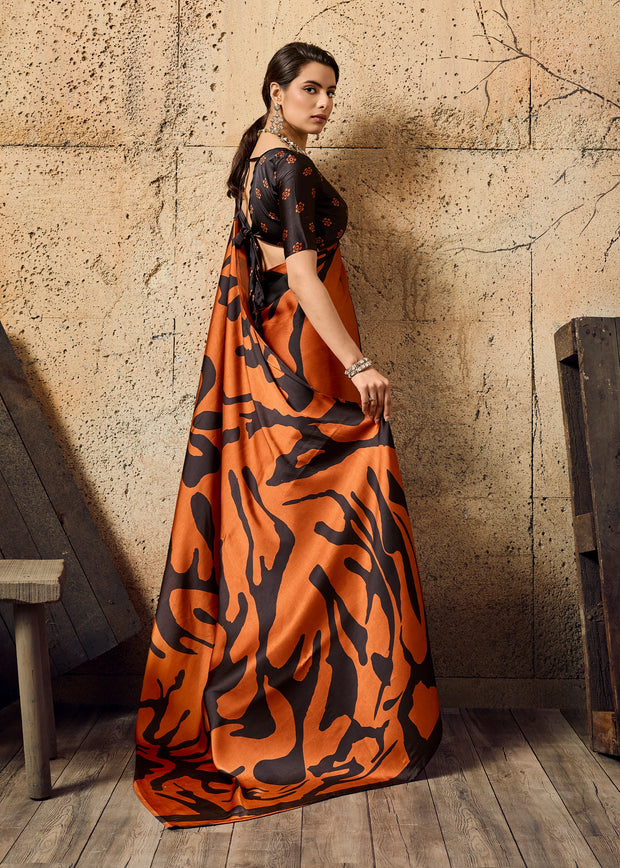 Apricot Orange Printed Satin Silk Saree