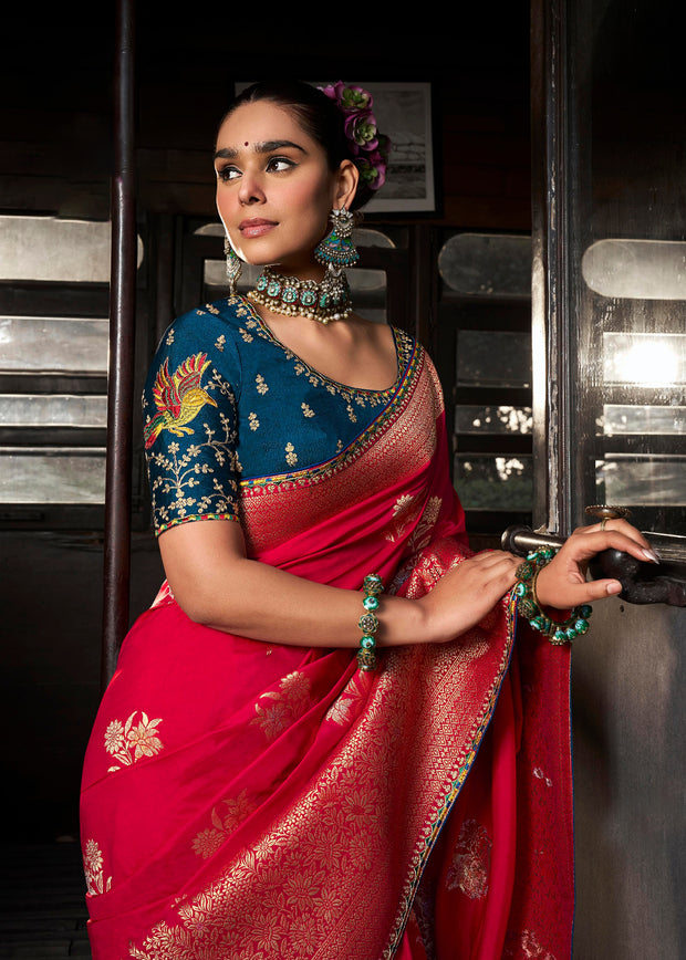 “Exclusive Offer” : Bridal Red Woven Embroidered Banarasi Silk Saree