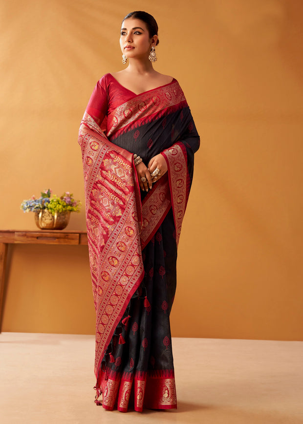 Black and Red Woven Banarasi Cotton Silk Saree