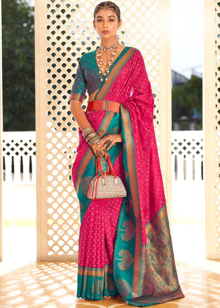 CHARUKRITI Parrot Green & Pink Woven Saree With Unstitched Blouse