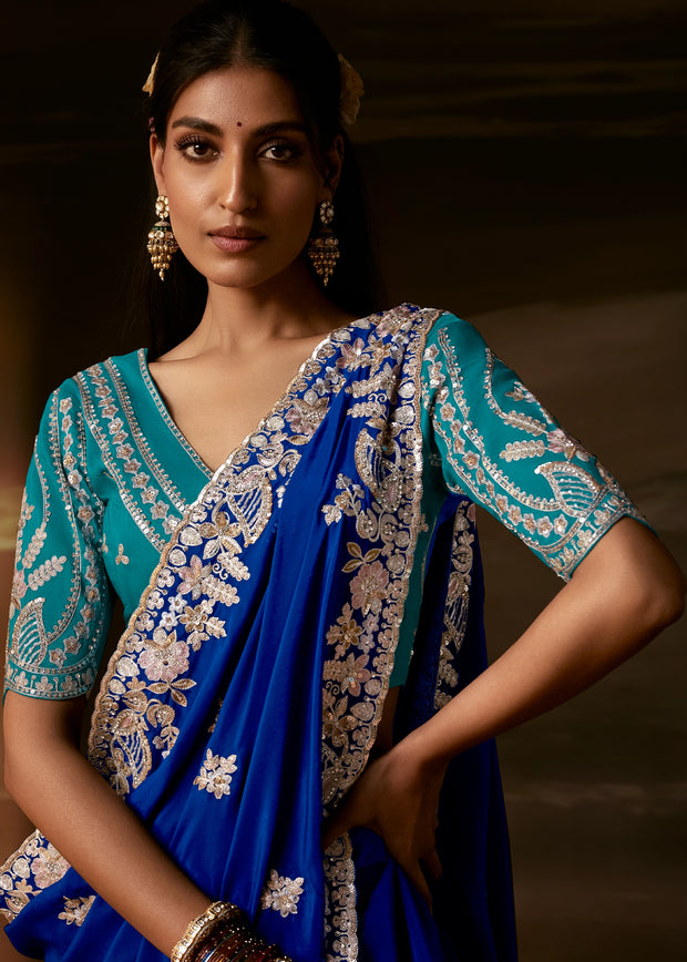 Sapphire Blue Embroidered Designer Organza Saree