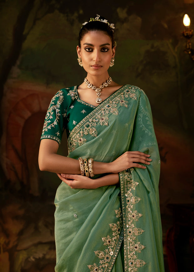 Sage Green Embroidered Tissue Saree