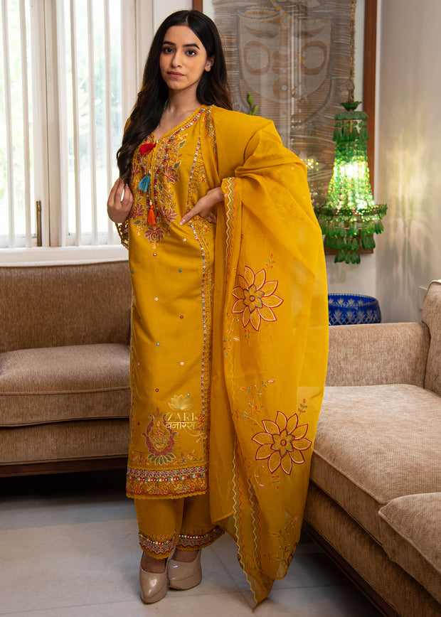 Golden Yellow Embroidered Silk Suit Set (10702899806401)