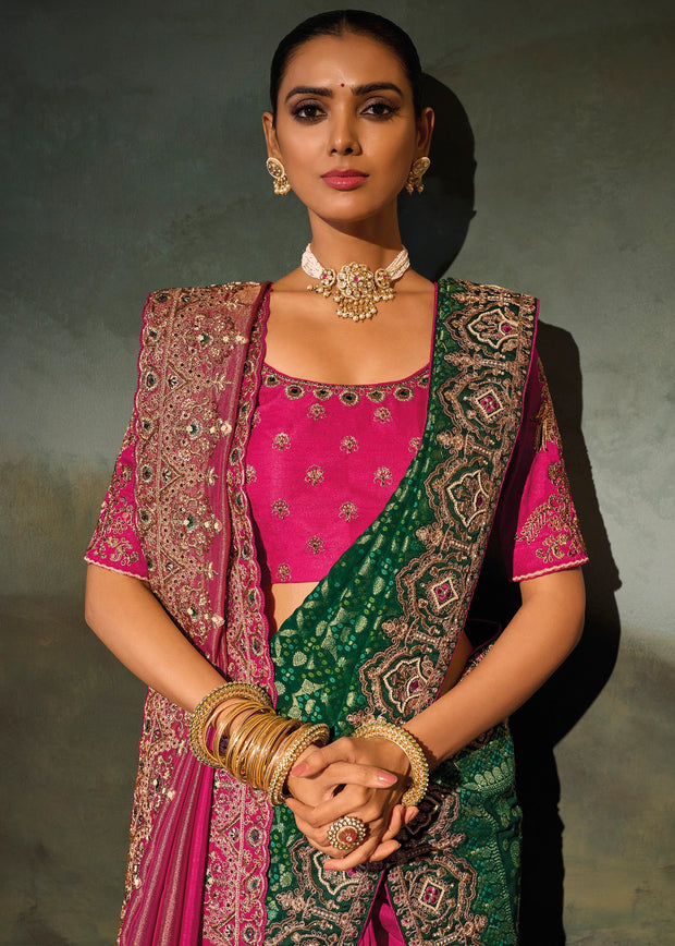 Rani Pink Embroidered Kanjivaram Silk Saree With Dupatta