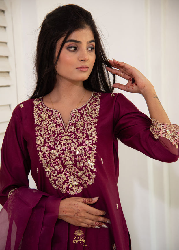 Wine Zari Embroidered Suit Set (10702047445185)