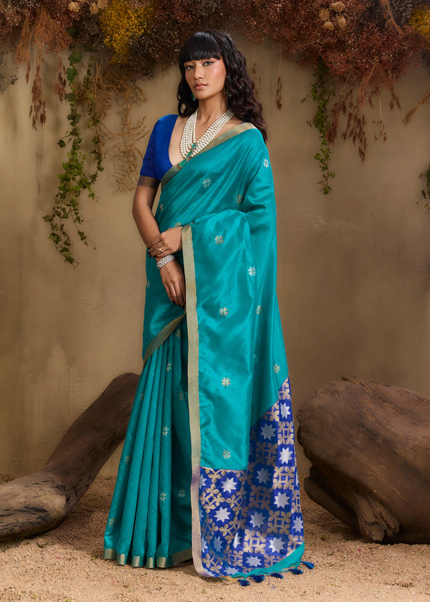 Peacock Blue Woven Cotton Silk Saree