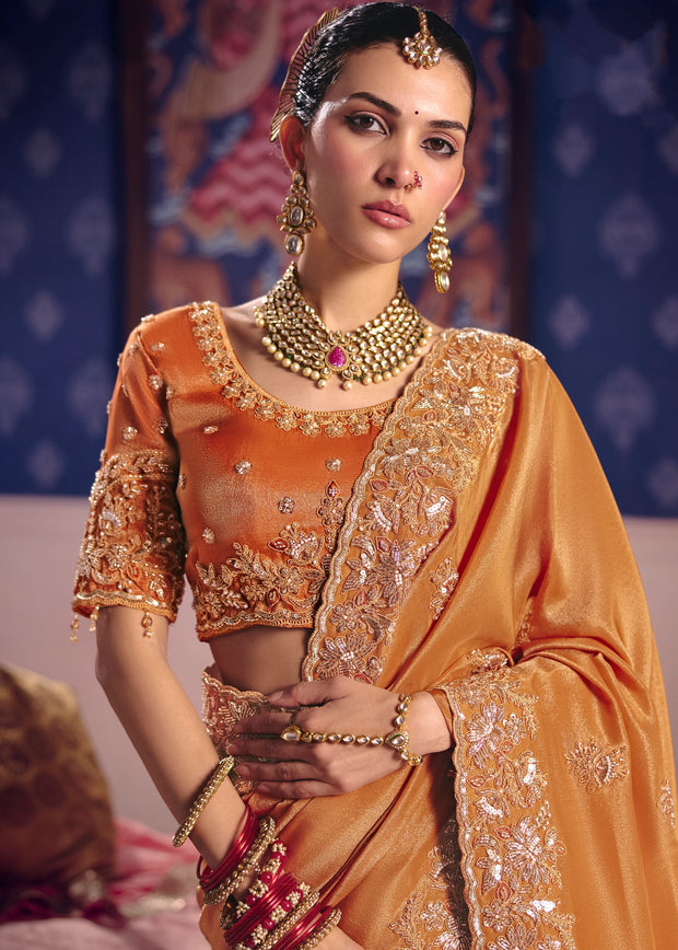 Saffron Orange Embroidered Tissue Designer Saree