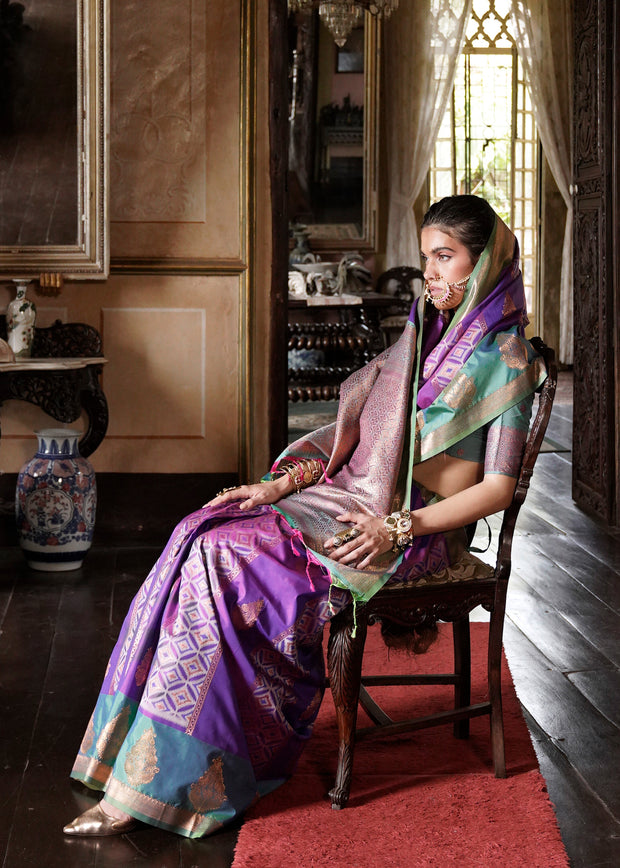 Mystic Teal & Purple Dual Tone Bronze Zari Woven Banarasi Silk Saree