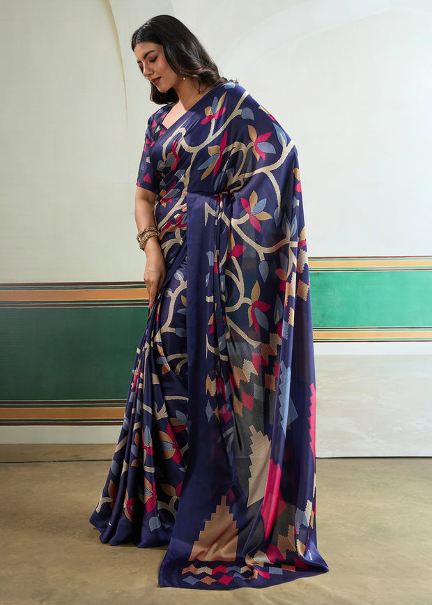 Twilight Blue Printed Satin Silk Saree